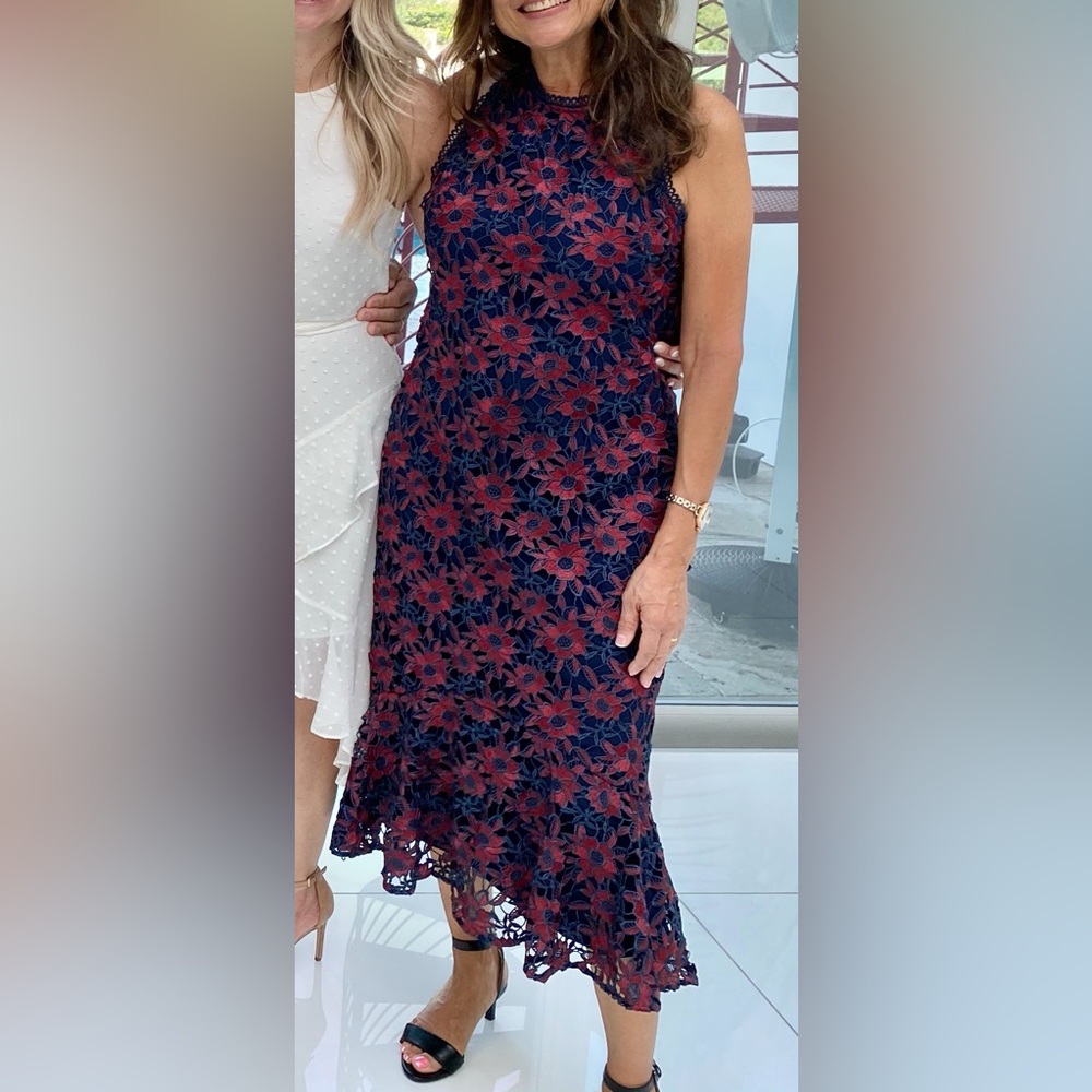Shoshanna Navy and Red Floral Midi Dress (size 10)